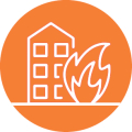 Orange icon showing an industrial building with a fire